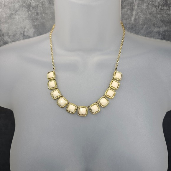 Square Station Necklace Cream Gems Goldtone Picture Frame Feminine Jewelry - Picture 3 of 8